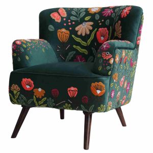 Green velvet Floral Accent Chair